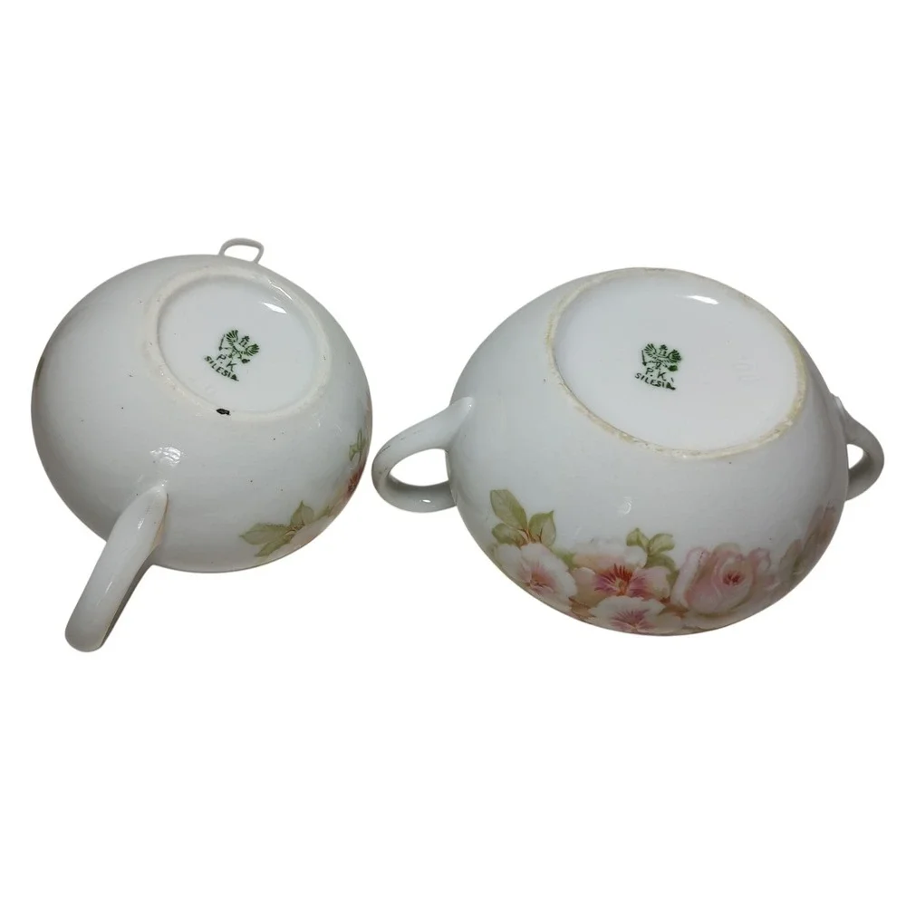 Antique PK Silesia Creamer and Covered Sugar Bowl Floral Rose Gold‎ Trim Poland